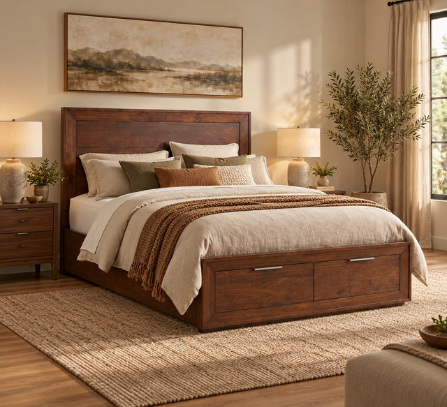 Modern Panel King Bed with Footboard Drawers