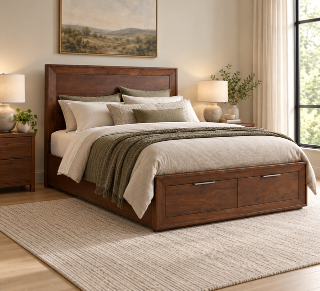 Modern Panel Queen Bed with Footboard Drawers