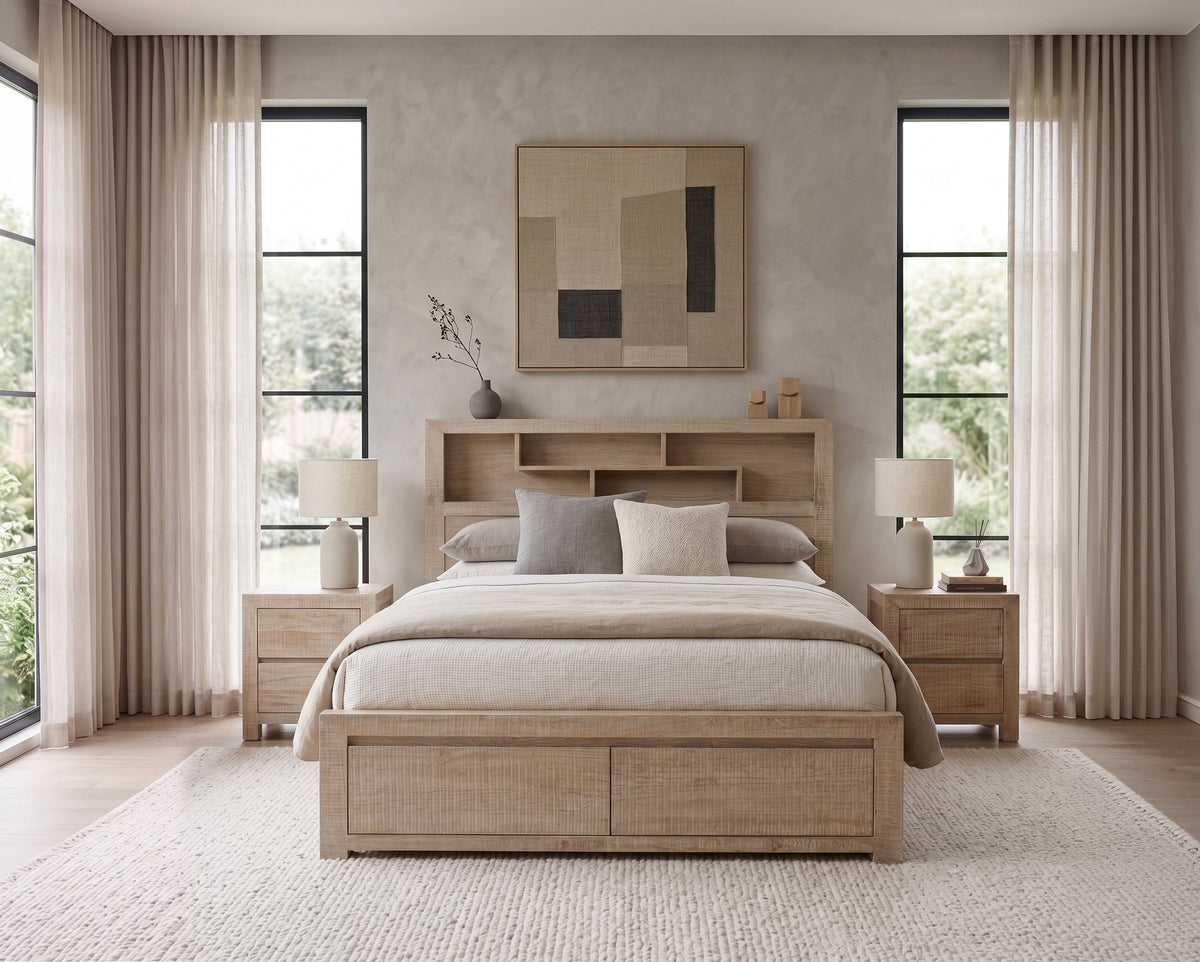 Lucas Queen 2 Drawer Bed with Bookcase Headboard