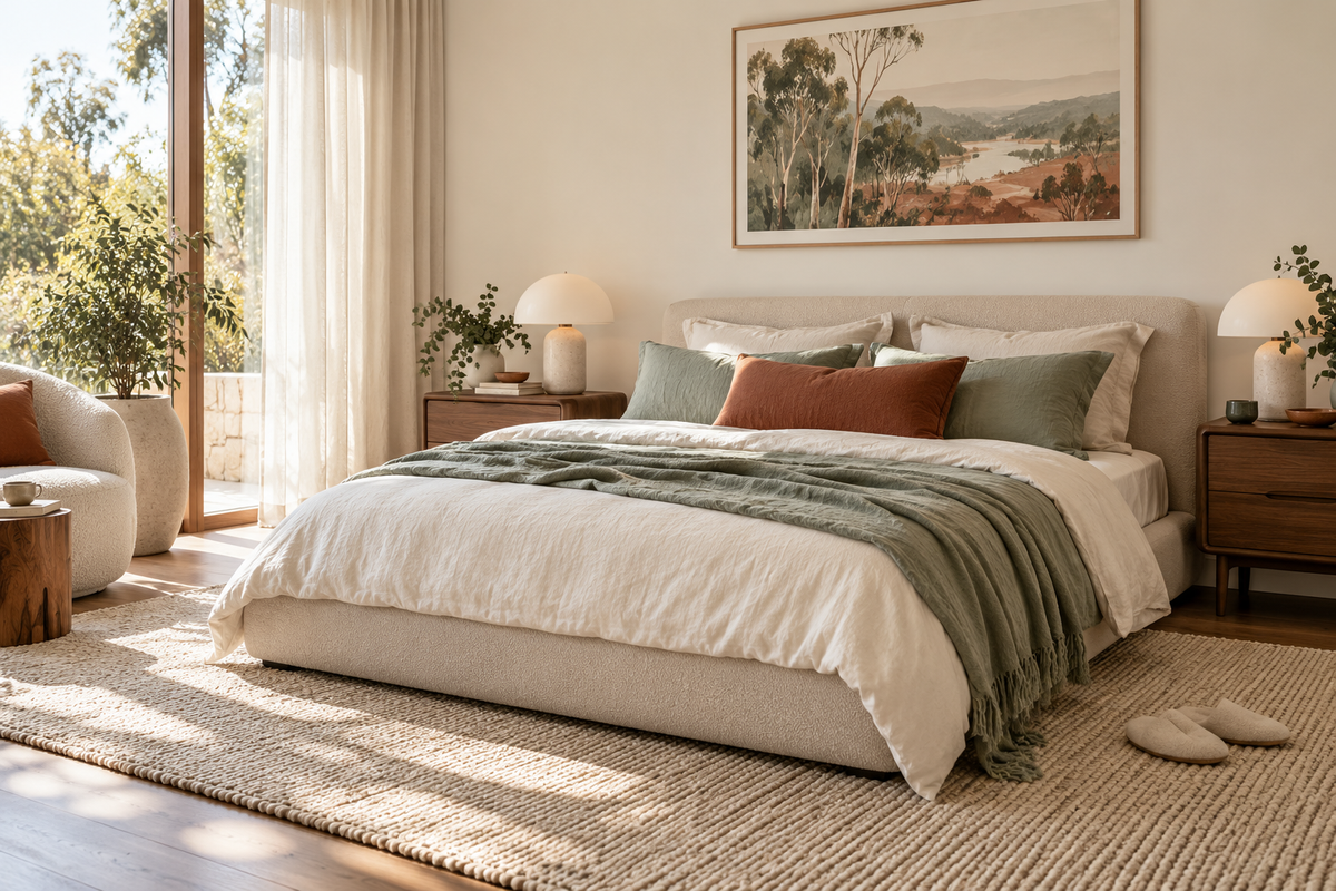 Calm contemporary bedroom with an upholstered bed and sage linen