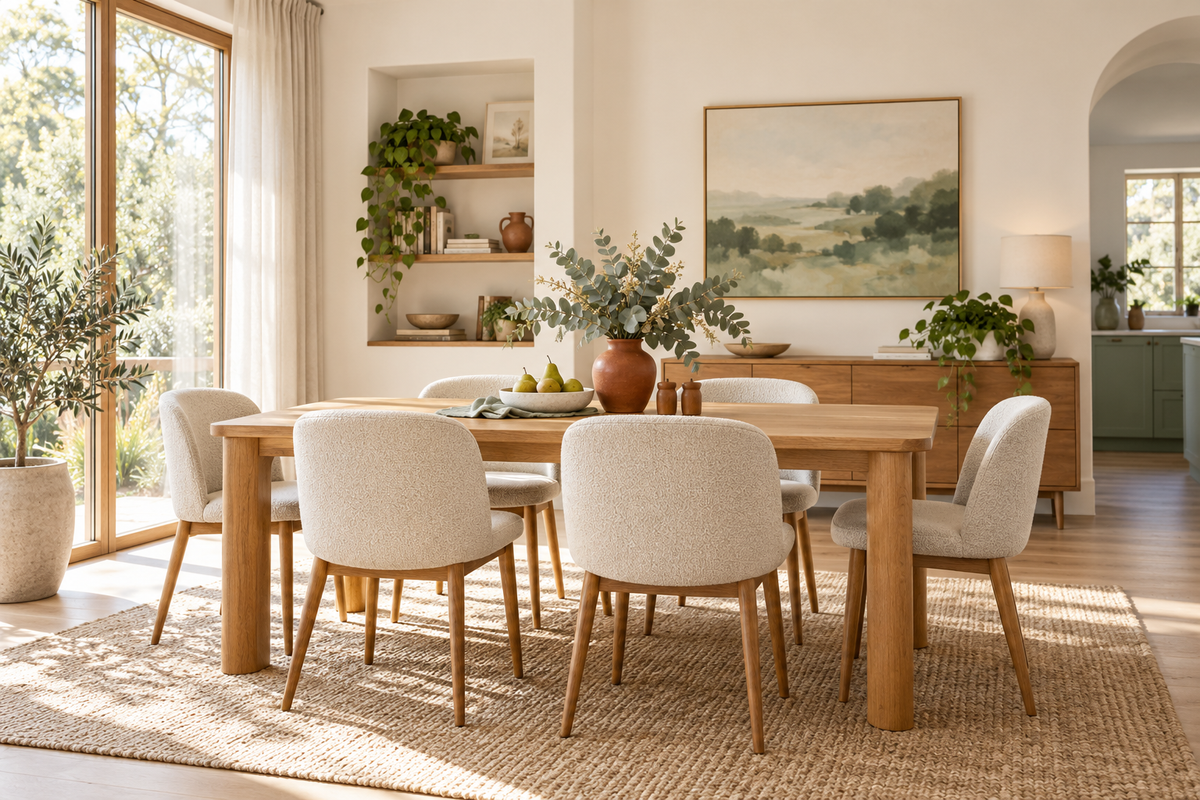 Warm contemporary dining room with an oak table and upholstered chairs