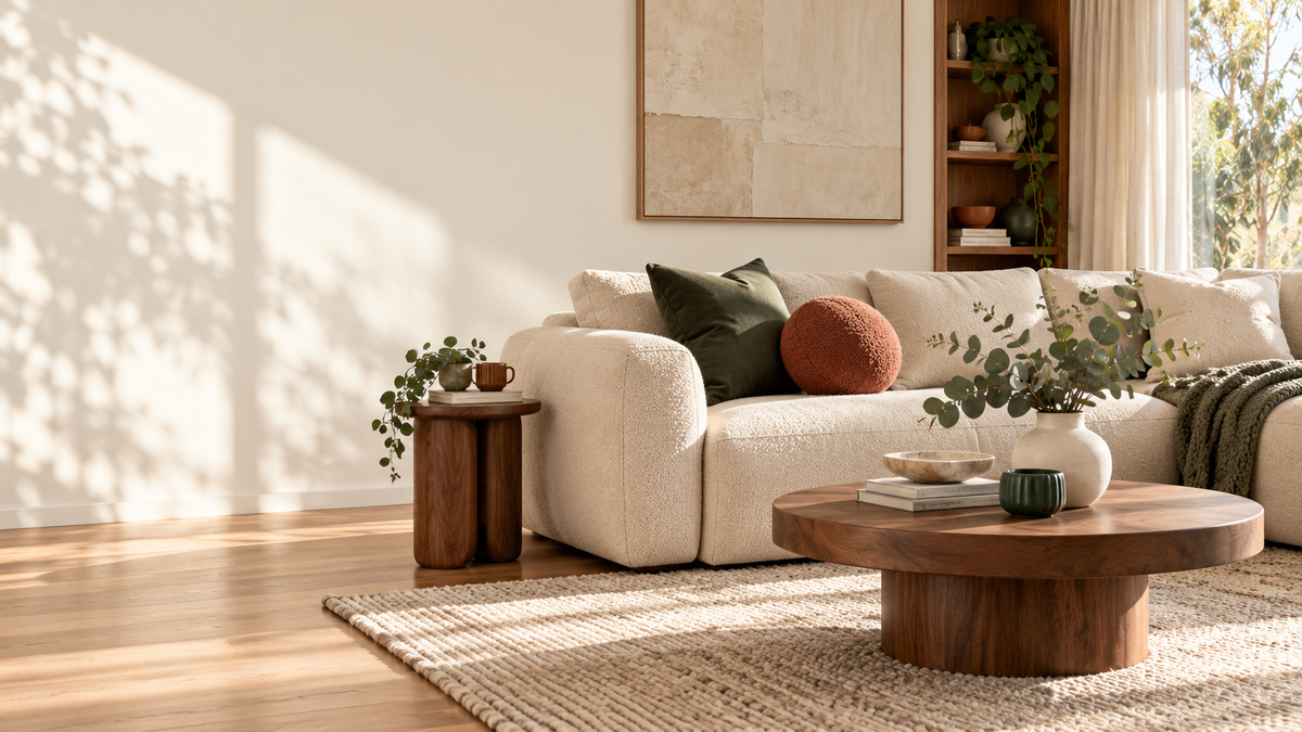 Warm living room illustration for Box & Crates brand mood; generic furniture shown for visual atmosphere