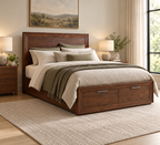 Modern Panel Queen Bed with Footboard Drawers in a styled bedroom