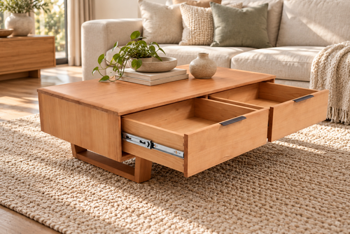 4-Drawer Messmate Coffee Table in updated room setting, detail view 1
