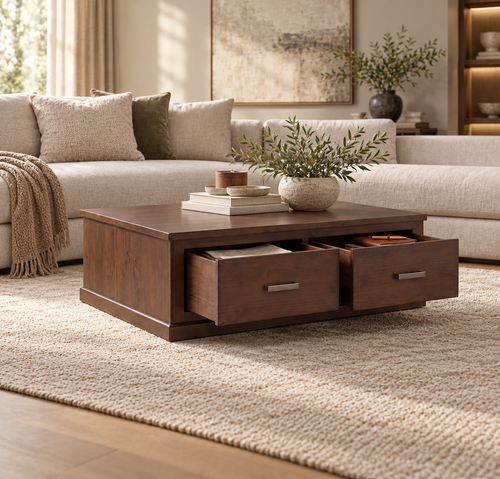 2-Drawer Mocha Coffee Table in updated room setting, detail view 1