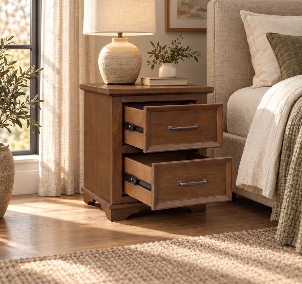 Classic 2-Drawer Bedside Table in updated room setting, detail view 1