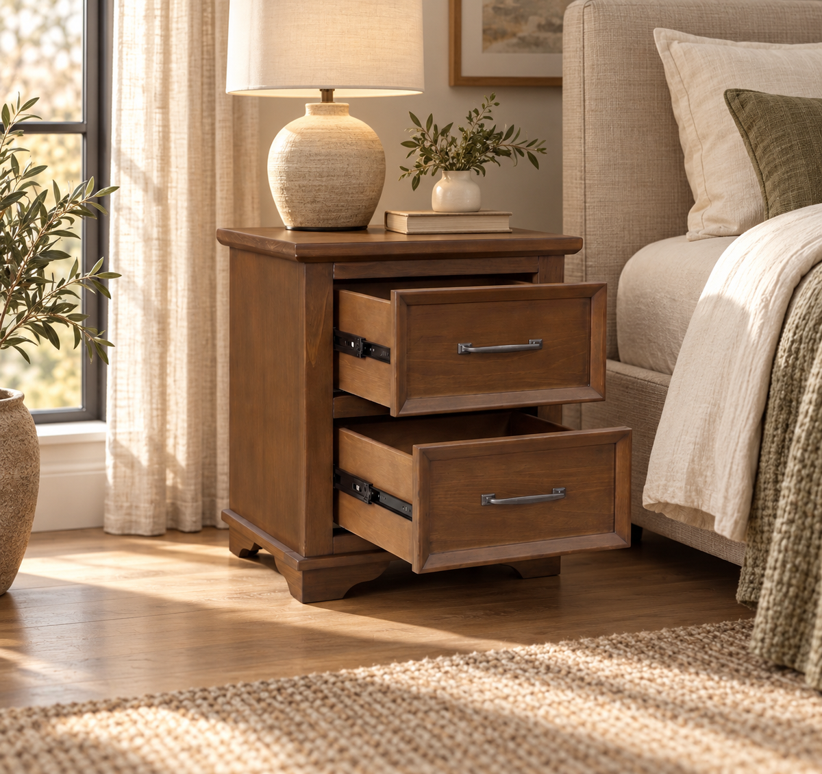 Classic 2-Drawer Bedside Table in updated room setting, detail view 1