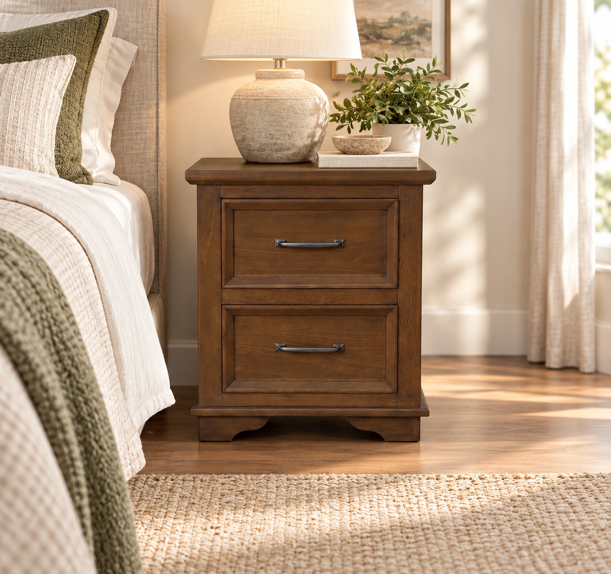 Classic 2-Drawer Bedside Table in updated room setting, detail view 2
