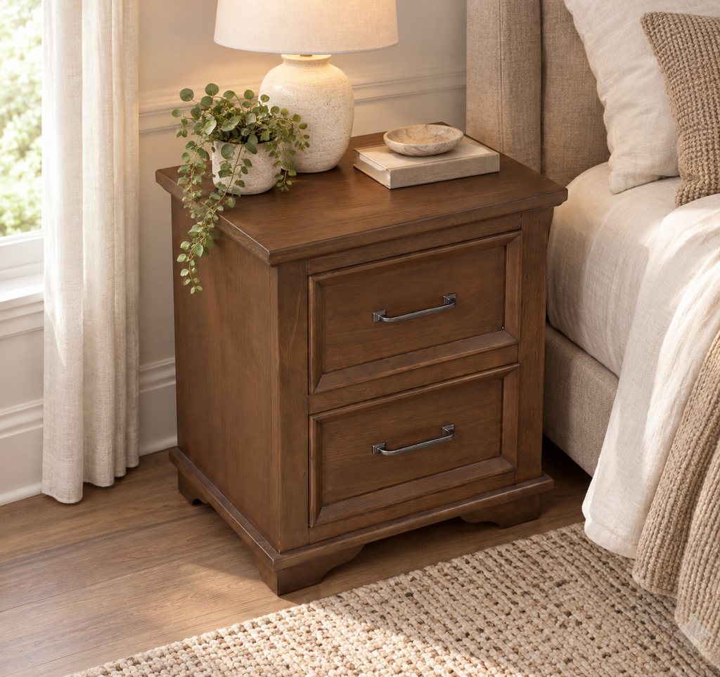 Classic 2-Drawer Bedside Table in updated room setting, detail view 3