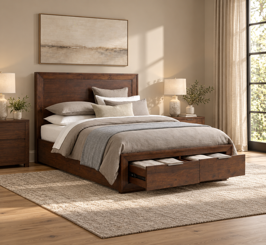 Modern Panel Queen Bed with Footboard Drawers in a refreshed bedroom setting, view 2