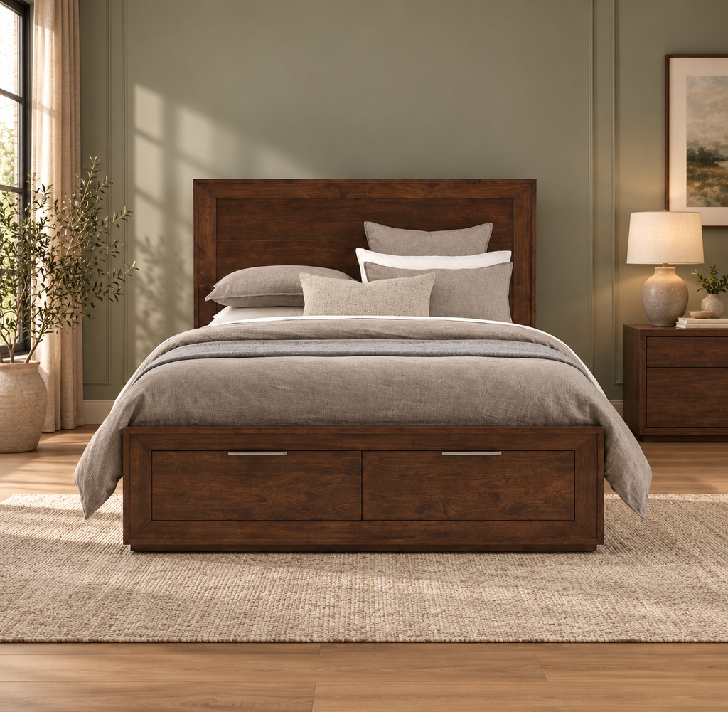 Modern Panel Queen Bed with Footboard Drawers in a refreshed bedroom setting, view 3