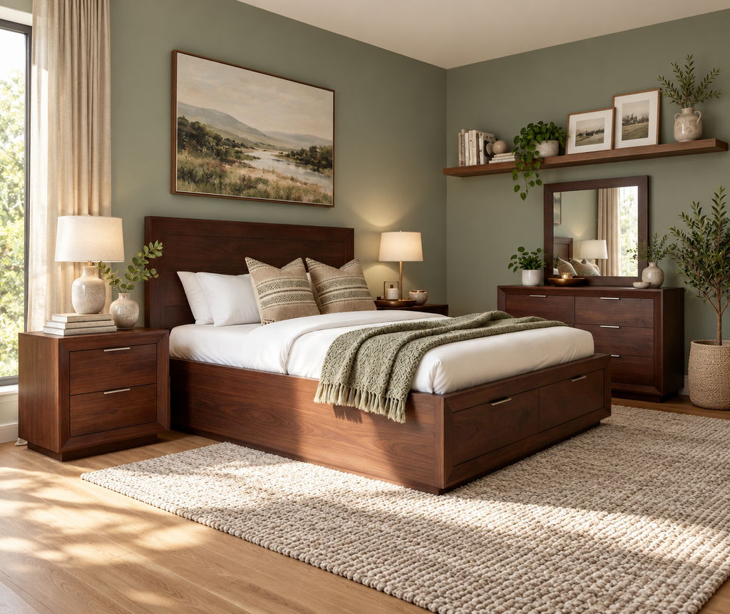 Modern Panel Queen Bed with Footboard Drawers in a refreshed bedroom setting, view 5