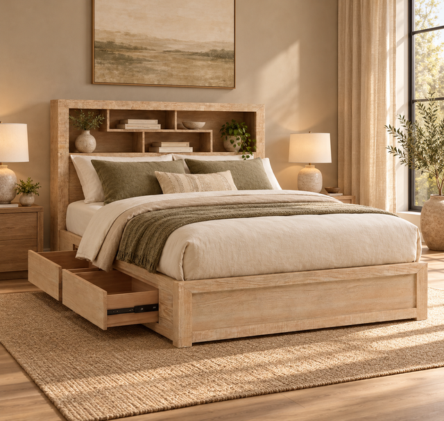 Light Timber King Storage Bed with Bookcase Headboard